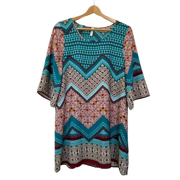 Win Win Boho Multicolor Dress Sz L Women’s Wide Sleeve Tunic Scoop Neck Blue Red - Picture 1 of 9